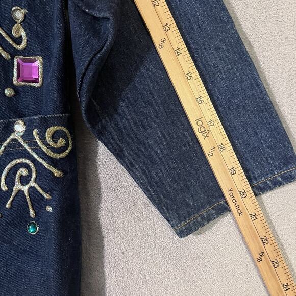 Vtg Embellished Denim Long Duster Jacket Gaudy Bejeweled Coat Women M* Heavy - Picture 9 of 12